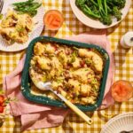 Leek, bacon and focaccia breakfast bake
