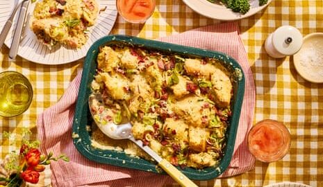 Leek, bacon and focaccia breakfast bake