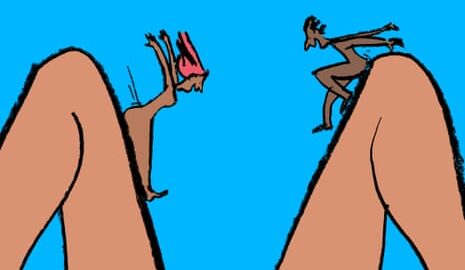 Illustration of two tiny people sliding joyfully between giant legs