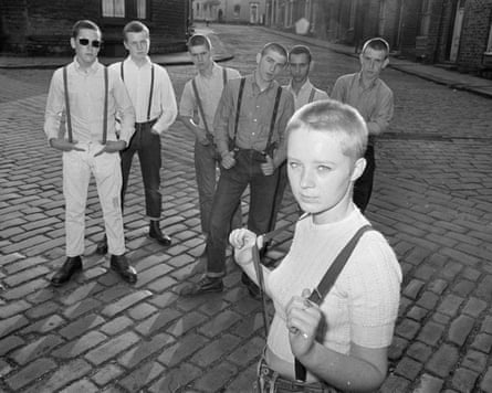 Skinhead teenagers pose in braces in Huddersfield, West Yorkshire, in June 1970.