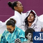 Collage of Naomi Osaka, a Rodman jersey, and dancers with a robed figure, arms outstretched.