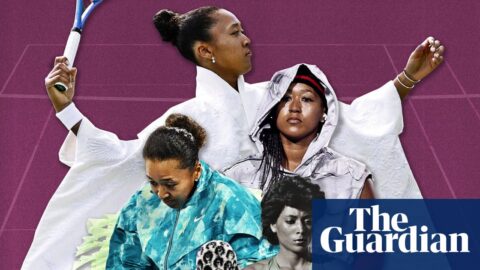 Collage of Naomi Osaka, a Rodman jersey, and dancers with a robed figure, arms outstretched.