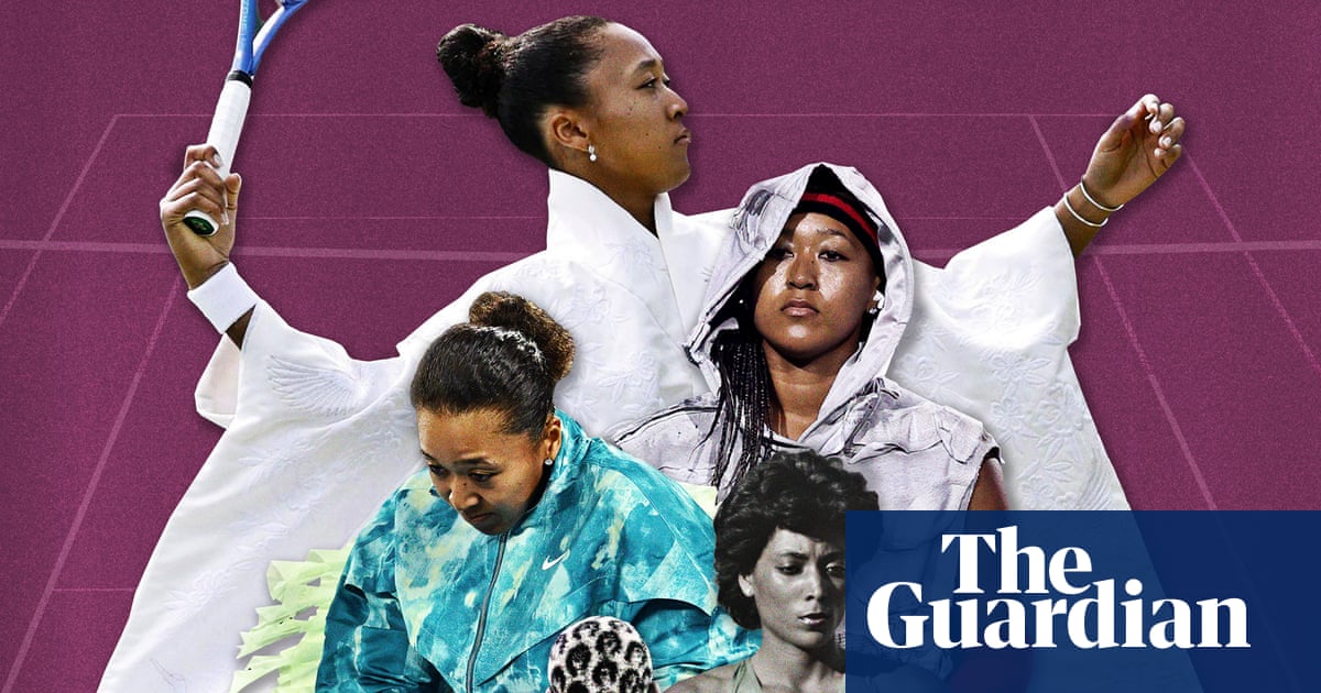 Collage of Naomi Osaka, a Rodman jersey, and dancers with a robed figure, arms outstretched.