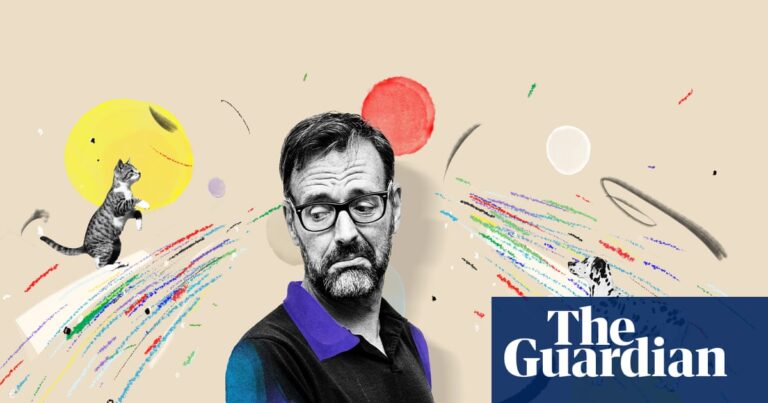 An illustration of a cat and a dog either side of a photograph cutout of Tim Dowling, in front of a background of different coloured circles and pen strokes