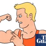 An illustration of a muscle man in a vest with blond hair.