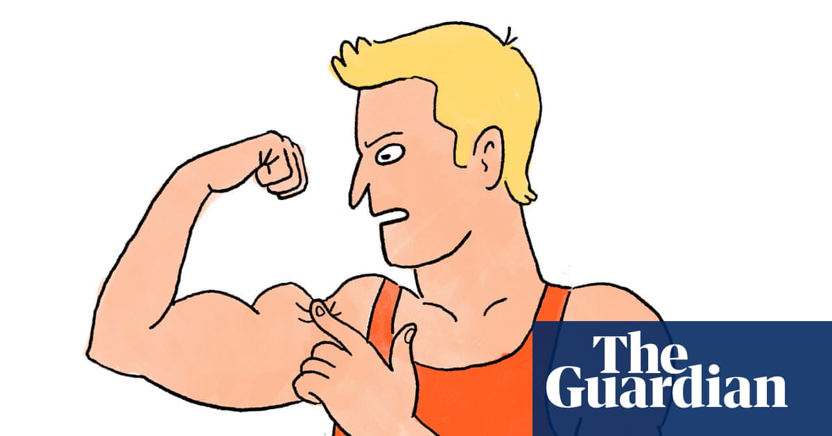 An illustration of a muscle man in a vest with blond hair.