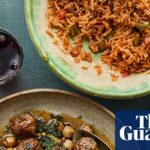 Sami Tamimi's lamb meatballs spinach and chickpea stew (Sabanekh) and red rice.