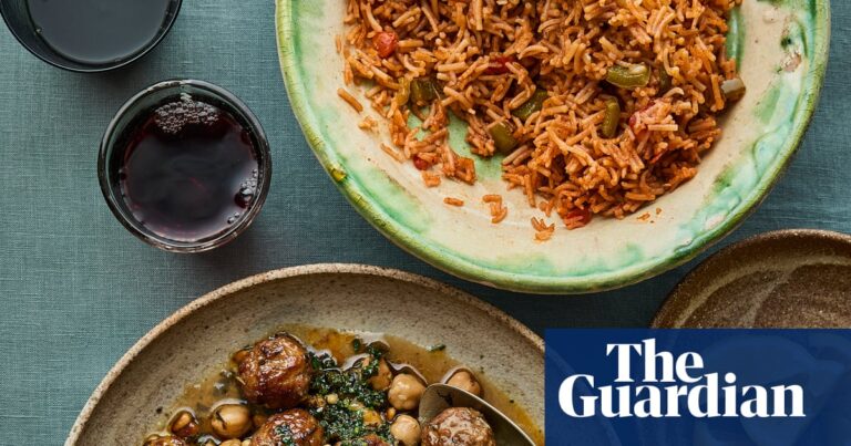 Sami Tamimi's lamb meatballs spinach and chickpea stew (Sabanekh) and red rice.