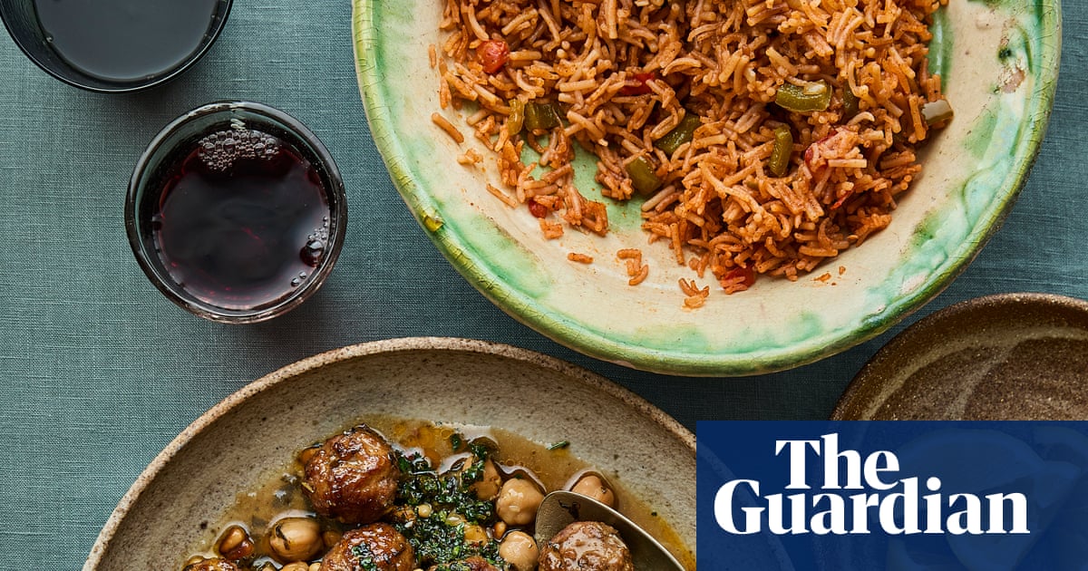 Sami Tamimi's lamb meatballs spinach and chickpea stew (Sabanekh) and red rice.